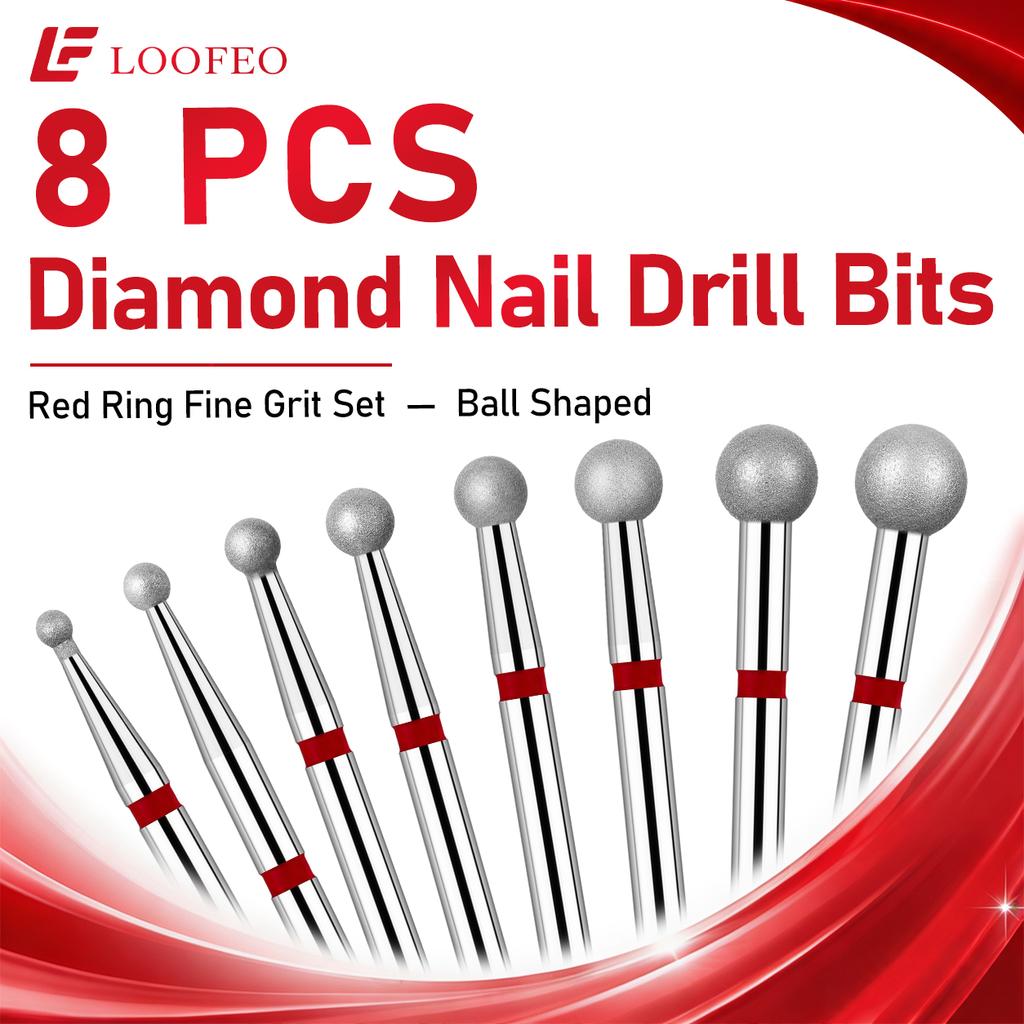 Ball Diamond Nail Drill Bit Set 1.5/2/2.5/3/3.5/4/4.5/5mm Red Fine Nail Milling Cutters Nail File Bit Sets Nail Prep Dead Skin Removal Shaping