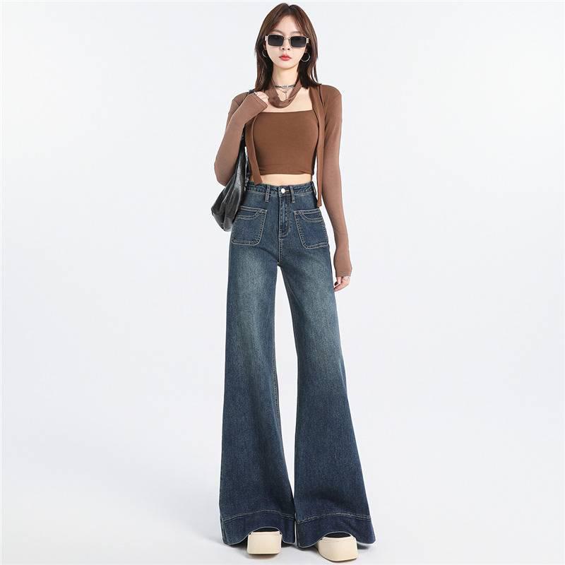 

Vintage High-Waisted Wide-Leg Flare Jeans for Women - Slimming Loose Fit, Floor-Length, Spring & Autumn XL