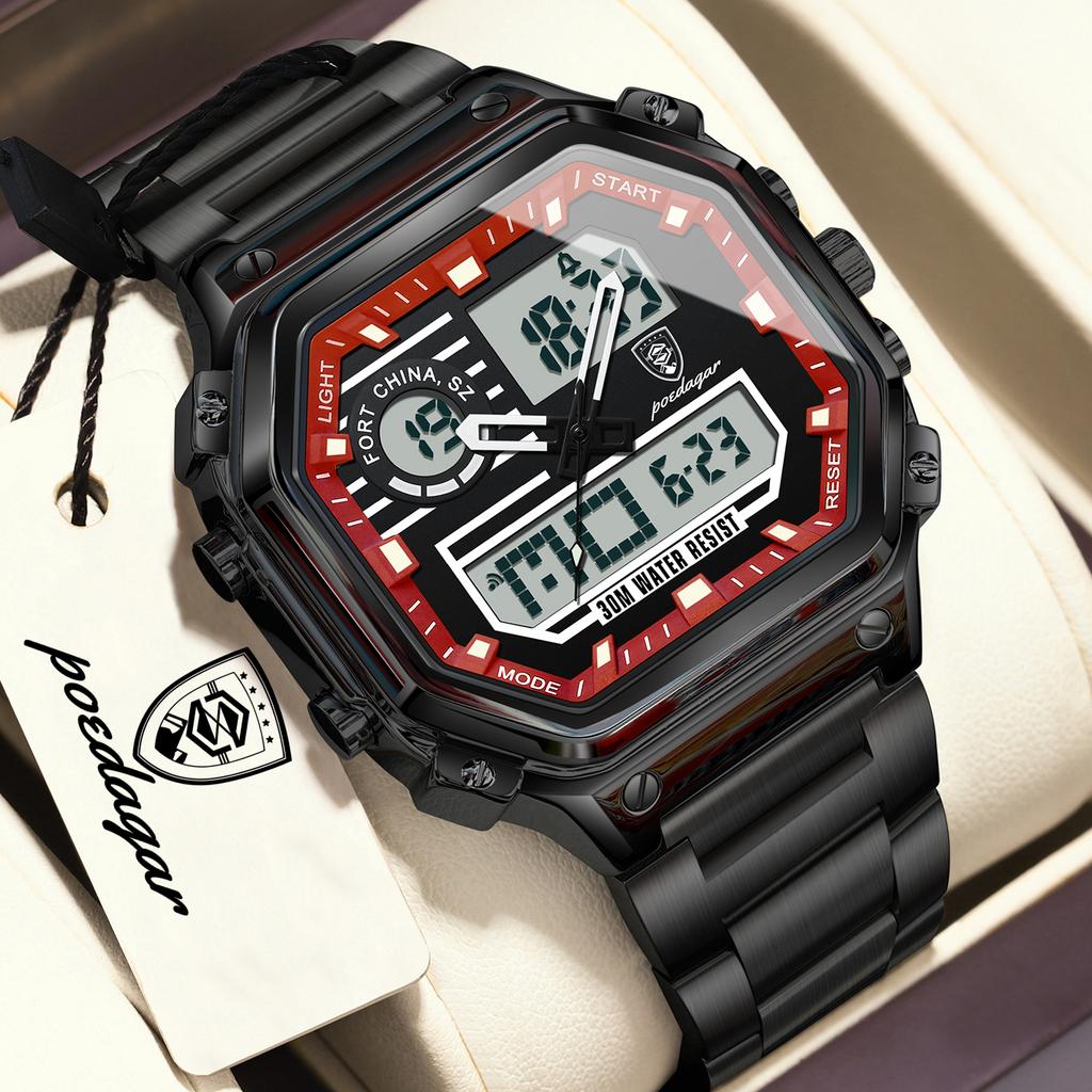 POEDAGAR Fashion Quartz Men Clock Waterproof Luminous Stainless Steel LED Man Watch Week Date Electronic Military Men's Watches
