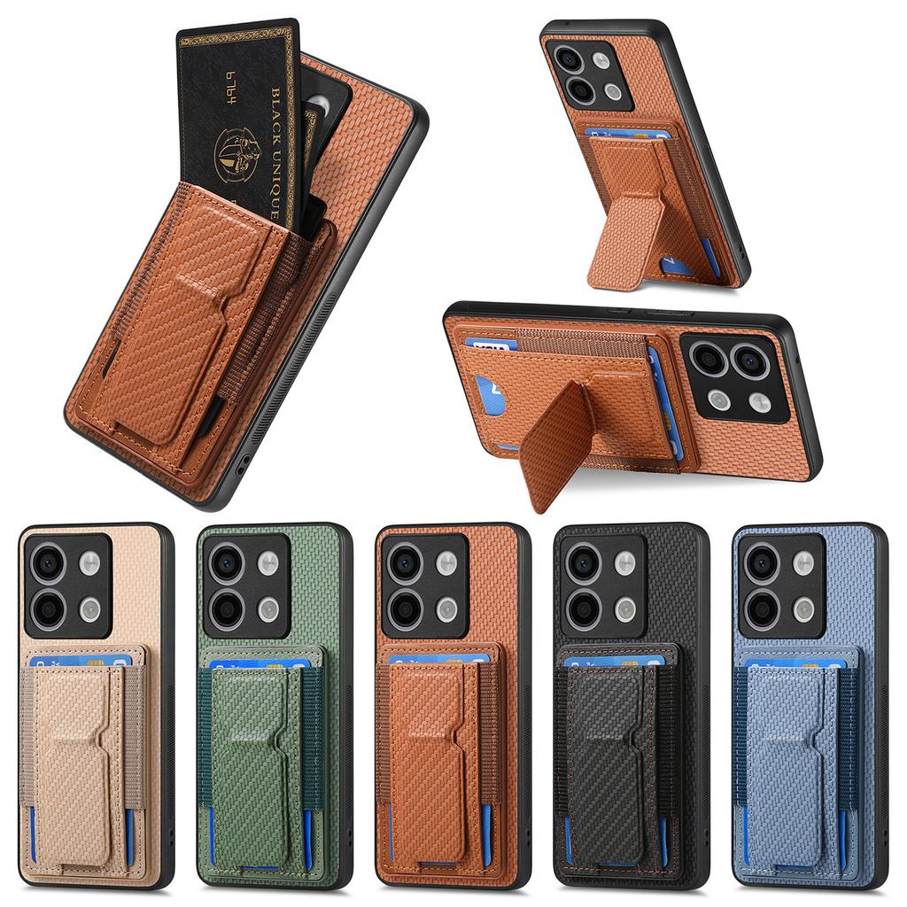 Carbon Fibre Foldable Vertical Cards Bag Case For Redmi Note 13 Pro Plus 12 11 13T 13C POCO X6 X5 14 Ultra Kickstand Solt Cover