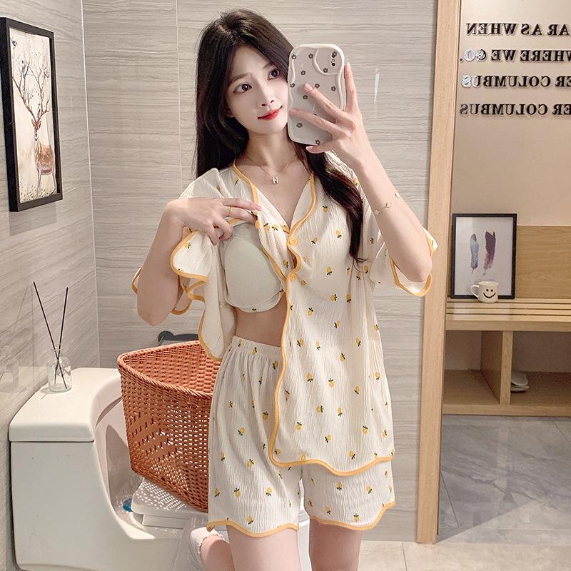 Women's Thin Korean-Style Sweet Pajama Set with Bra Pads - Summer Short Sleeve & Shorts Cardigan, Anti-Pilling Home Wear