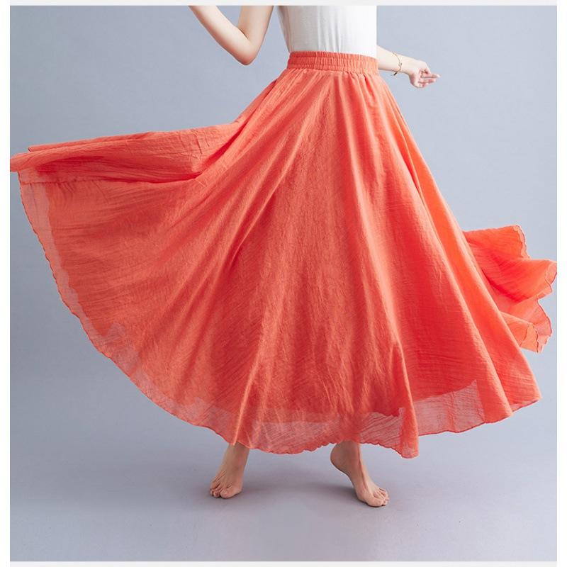 Women's Literary and Artistic Skirt Elastic Waist Linen A-line Skirt Long Solid Color Ethnic Style  Big Swing Skirt