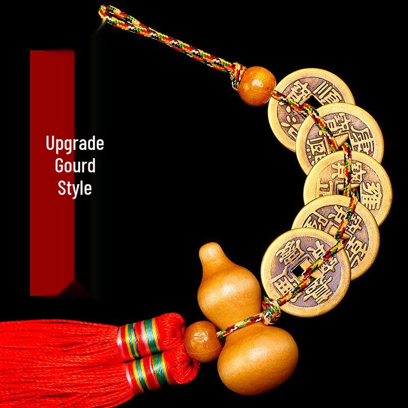 Fu Lu Men Shen Five Emperors Coins Pendant with Chinese Knot and Peach Wood Gourd - Antique Home Decor Solution for Door Alignment.