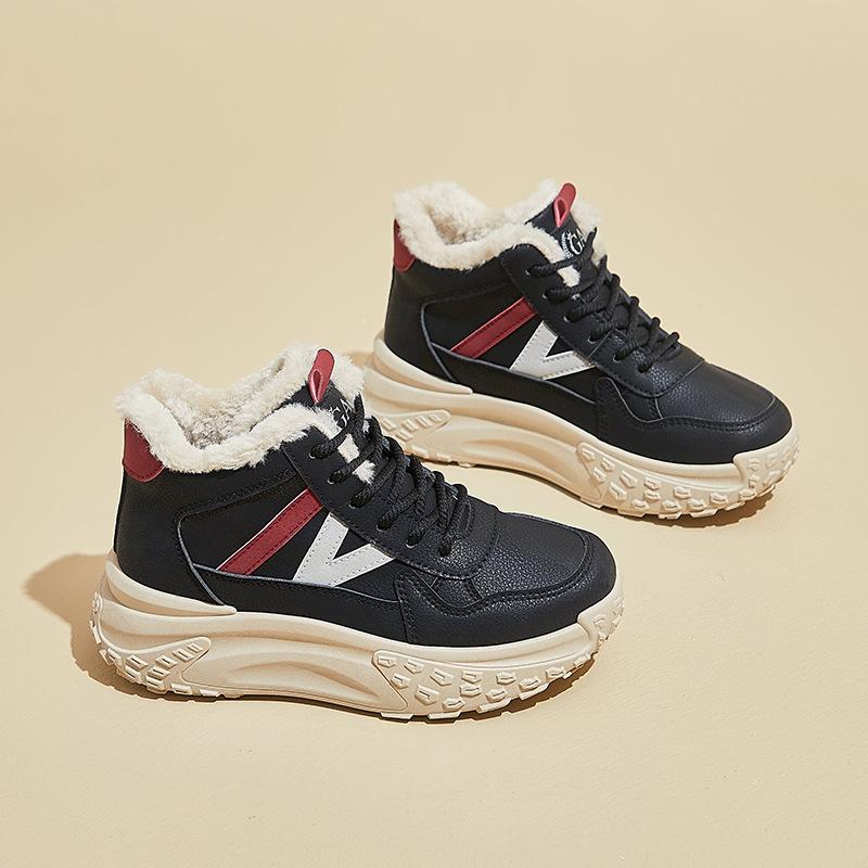 

Женские ботинки на толстой платформе, зимние нескользящие ботинки для снега, прогулочные ботинки со шнуровкой и подкладкой из искусственного меха, женские теплые высокие кроссовки с флисовой подкладкой 40 чёрный