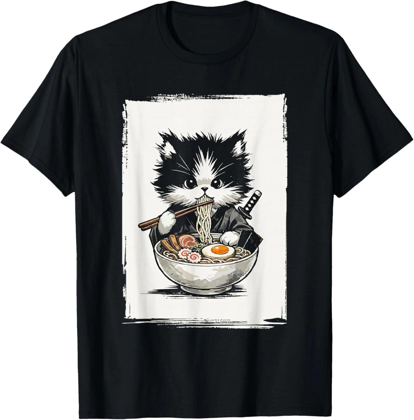 Samurai Cat Japanese Art Ramen Novelty Kawaii Funny Cat T-Shirt S