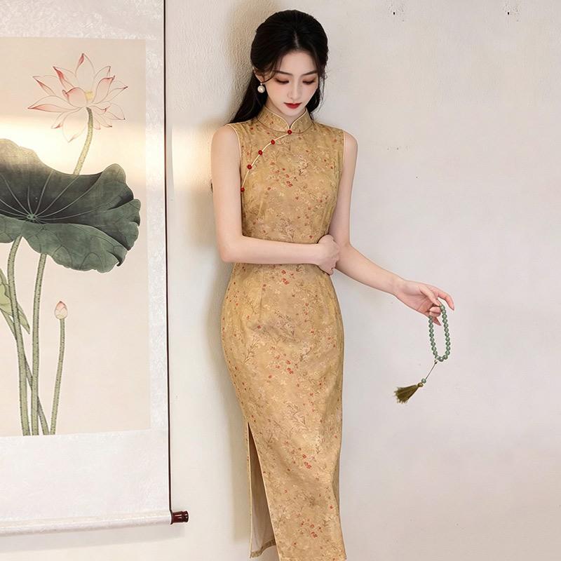 Yellow Sleeveless Modern Chinese-Inspired Long Cheongsam Dress 2026 Womens Elegant Retro Style