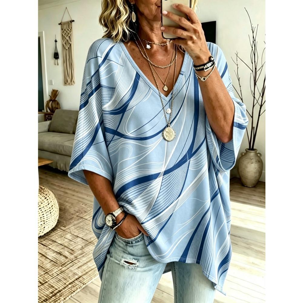Plus Size - Women's Abstract Gold Line Print Oversized V-Neck Pullover, Bat Wing Short Sleeve Loose Shirt