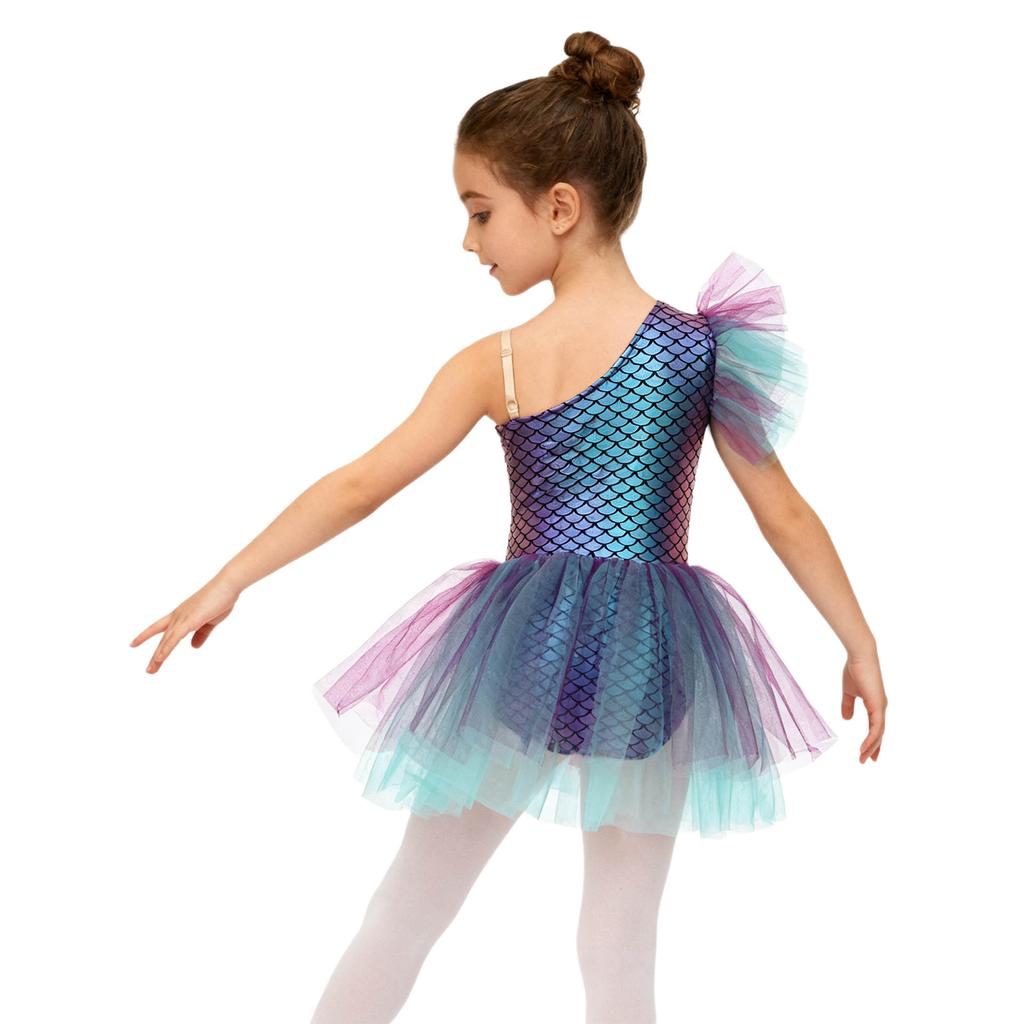 Girls Ballerina Tutu Dress One Shoulder Sleeveless Mermaid Fish Scales Print Camisole Leotard Halloween Dance Costume