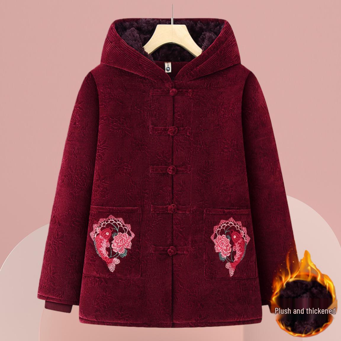 

Elderly Women s Hooded Winter Jacket with Frog Buttons, Thick Cotton Velvet for Warmth 4XL (135-150 lbs) яскраво-червоного кольору
