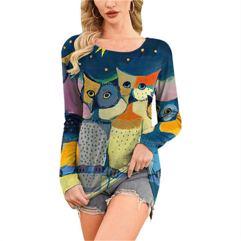 Модная удобная универсальная женская футболка с принтом мультяшного кота с круглым вырезом — фото 10