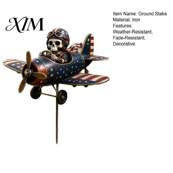 Hand Painted Outdoor Sculpture Metal Skeleton Pilot Airplane Wind Spinner with Ground Stake, Vintage American Flag Garden Yard Art for Rustic