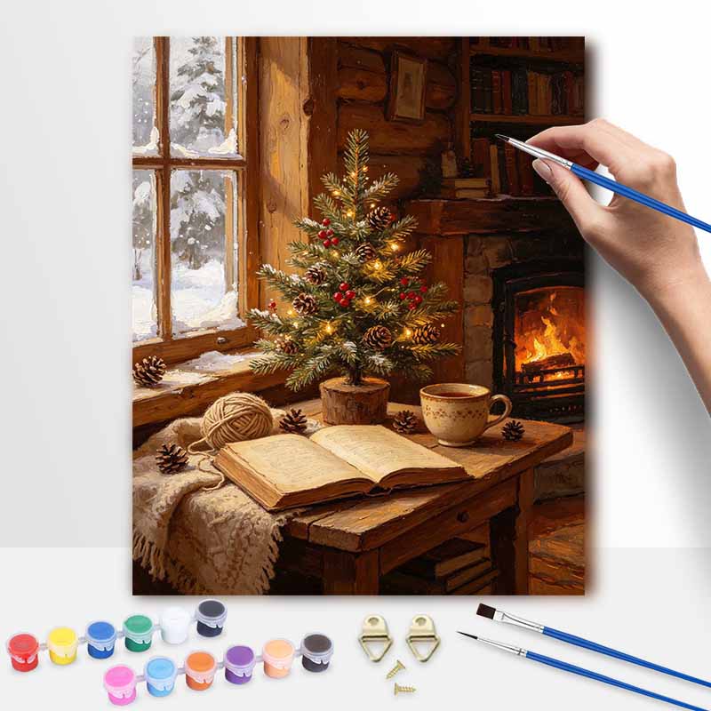 Christmas tree fireplace pine cones book cozy winter scenery digital painting oil painting art kit hand painting home decoration painting