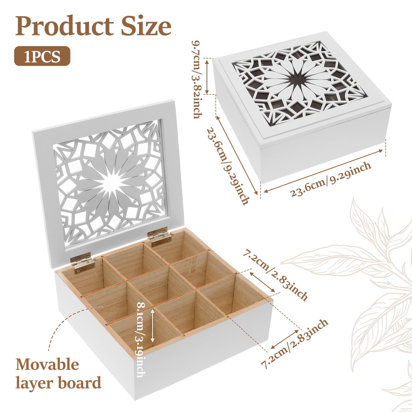 

9 Grids Wood Tea Bag Storage Box Square Tea Box with Hinged Lid Desktop Jewelry Organizer for Countertop and Cabinet Decoration