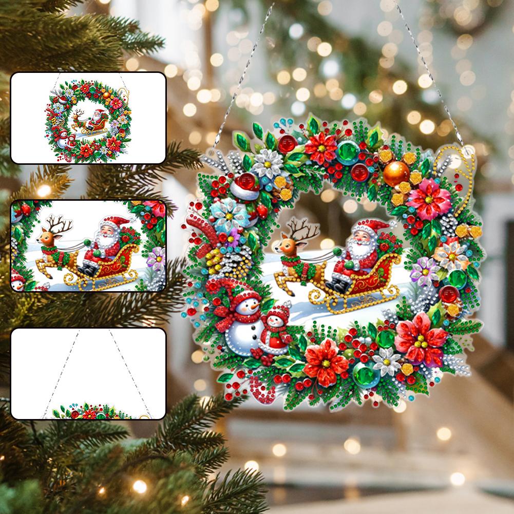 Acrylic Christmas Wreath Diamond Painting Hanging Pendant 5D DIY Diamond Painting Dots Pendant for Garden Window Decor
