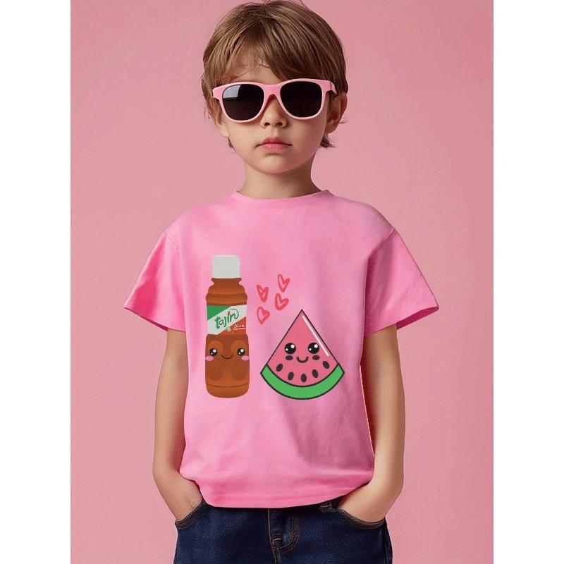 European Sizes Girls' Cartoon Watermelon & Juice Box Graphic T-Shirt - Playful Summer Short Sleeve Tee with Playful Hearts, Breathable Round Neck Top