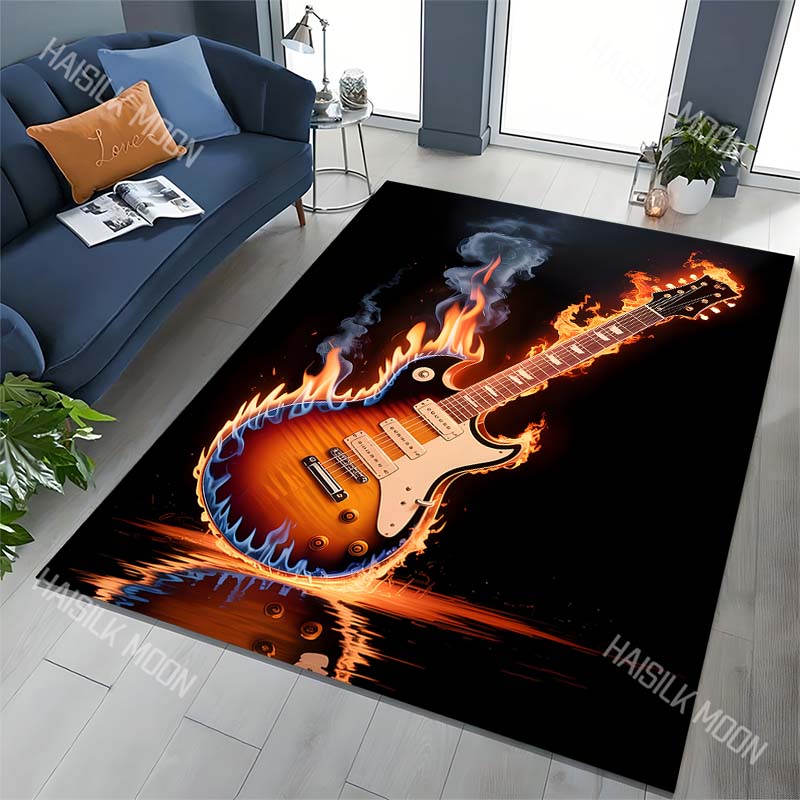Flaming Electric Guitar Smoke Reflection Print Carpet for Living Room Bedroom Sofa Home Decor Rus Non-slip Floor Mat Luxury Gift