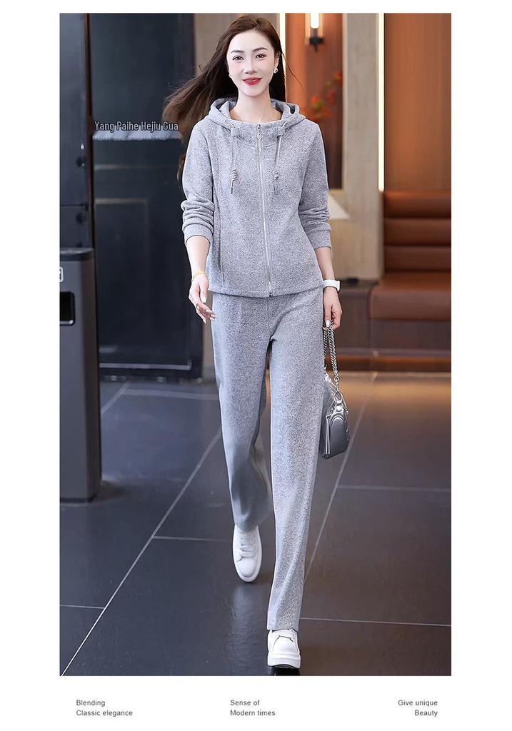 Women's Autumn Hooded Cardigan and Wide-Leg Pants Set: Casual, Slimming, Body-Concealing, Two-Piece Sportswear.