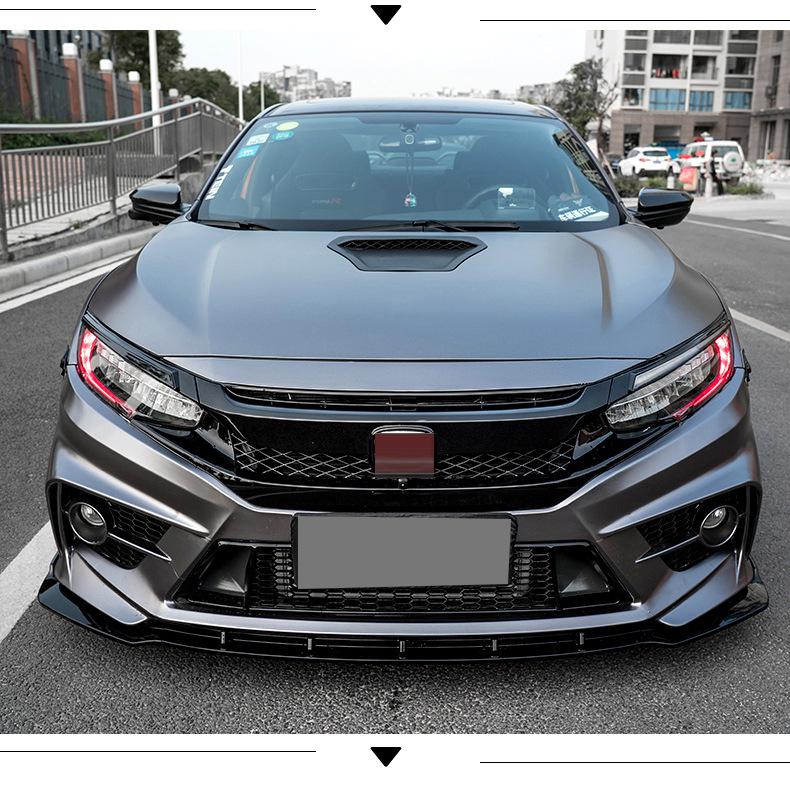 Glossy Black TR Grille & Body Kit for 2016 Civic Type R: Includes Rear Wing, Front Splitter, and Side Skirts.