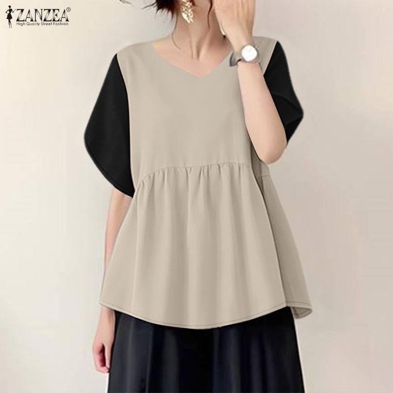 ZANZEA Women Casual V-Neck Patchwork Short Sleeve Loose Blouse