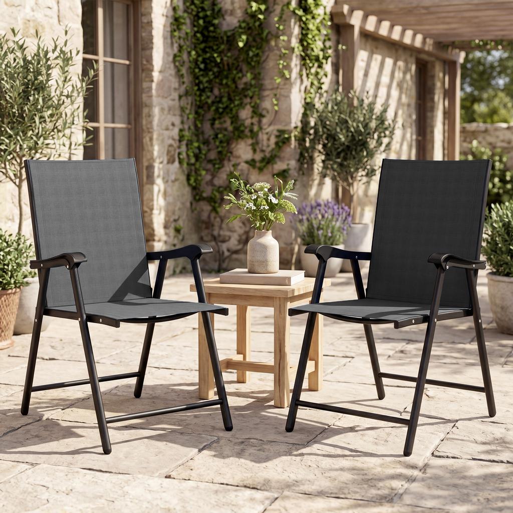 Folding Garden Chairs Set of 2, Foldable Garden Dining Chairs with High Back, Armrests, Texteline Seat, Black