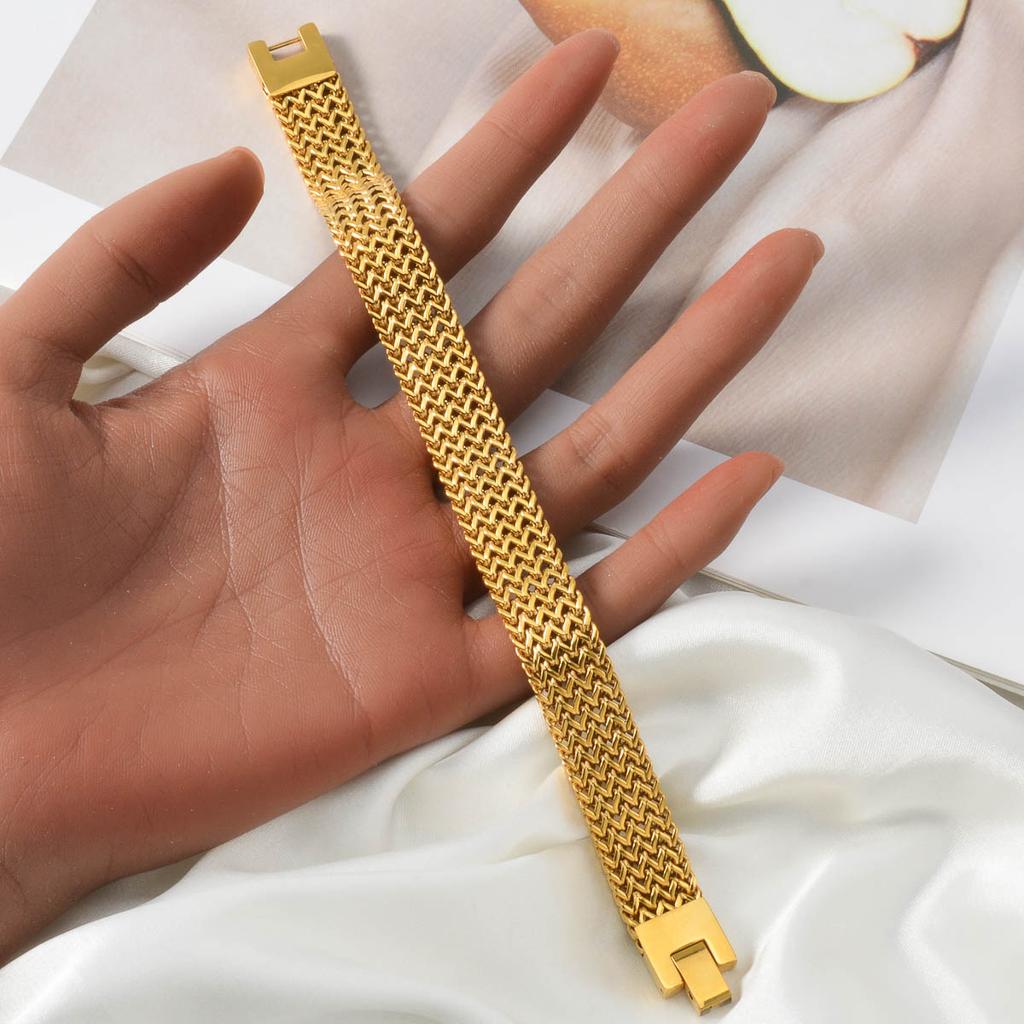 Men Stainless Steel Wide Mesh Chain Bracelet Gold Plated Woven Pattern Bangle Luxury Italian Style Jewelry Gift Valentine's Day