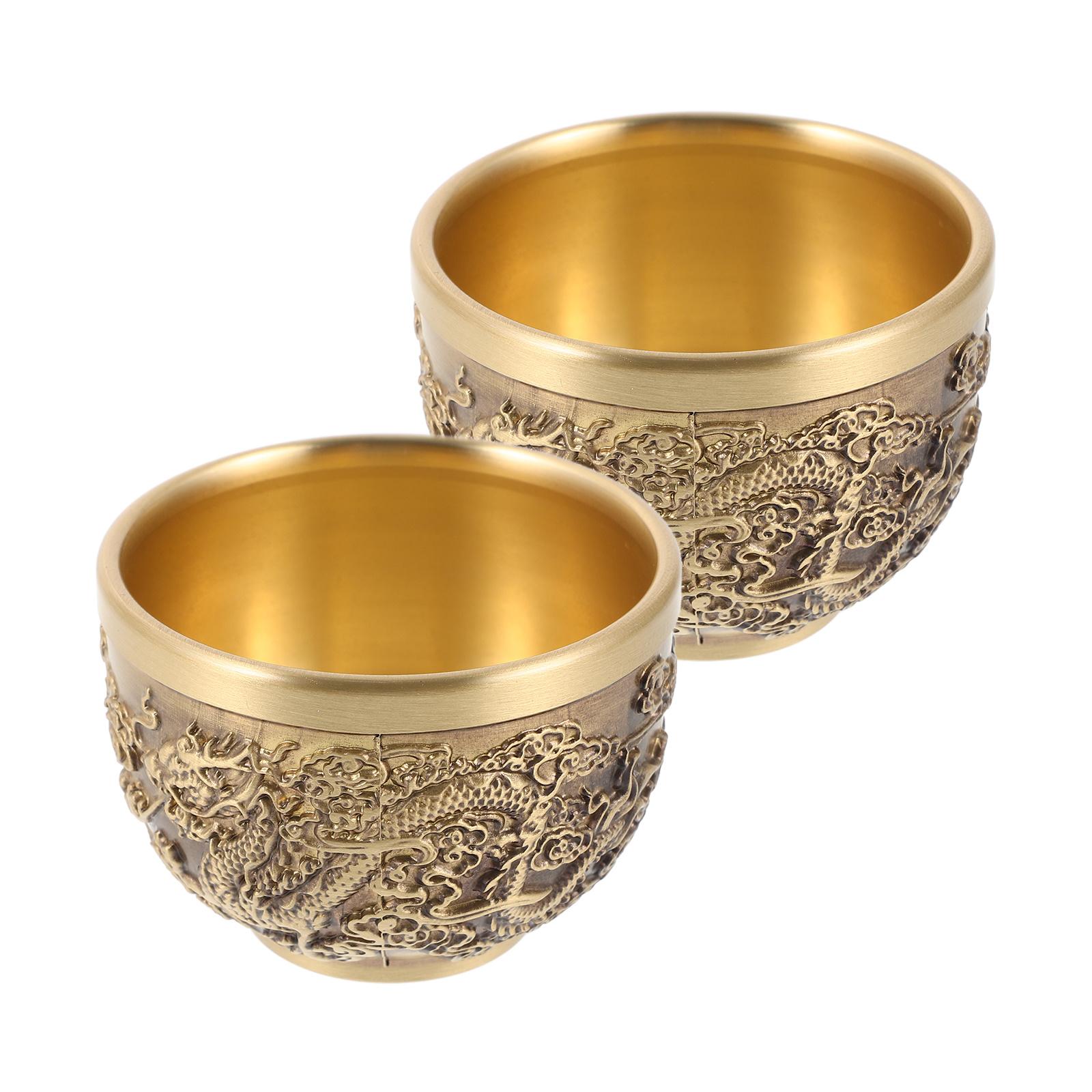 2pcs Dragon Chinese Style Copper Vintage Tea Cup Retro Embossed Design Sturdy For Home Decor Teaware Kitchen