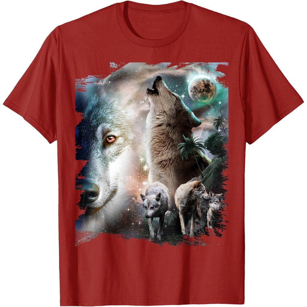 Space Wolves Graphic Tee Howling At Moon Print Cotton Casual Crew Neck T-Shirt for Men