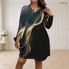 Women Plus Size V Neck Long Sleeve Printed Loose Fit Curved Hem Dress Black Gold