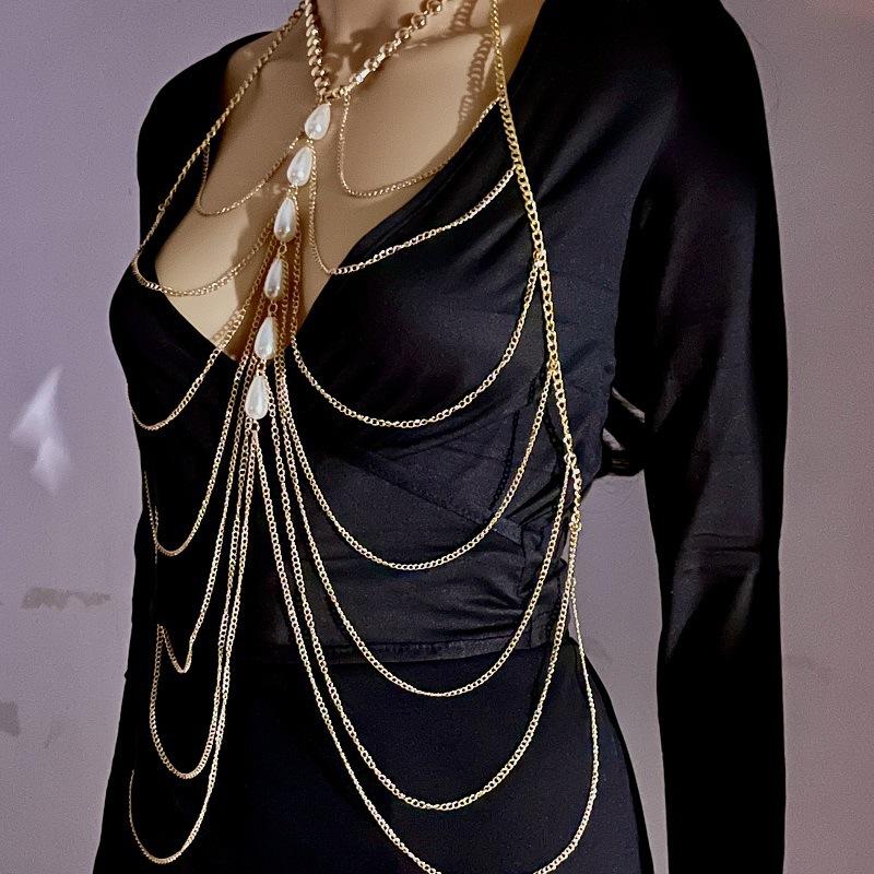 

Sexy Chest chain female multilayer tassel pearl body chain beach vacation necklace