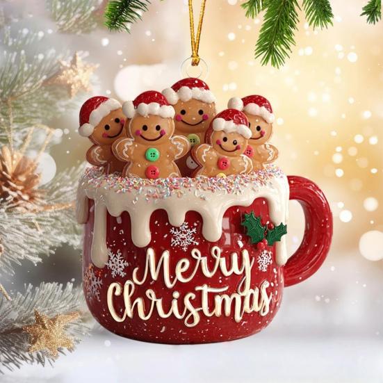 1/2/3Pcs Merry Christmas Gingerbread Man Family Ornament Red Ceramic Mug Pendant