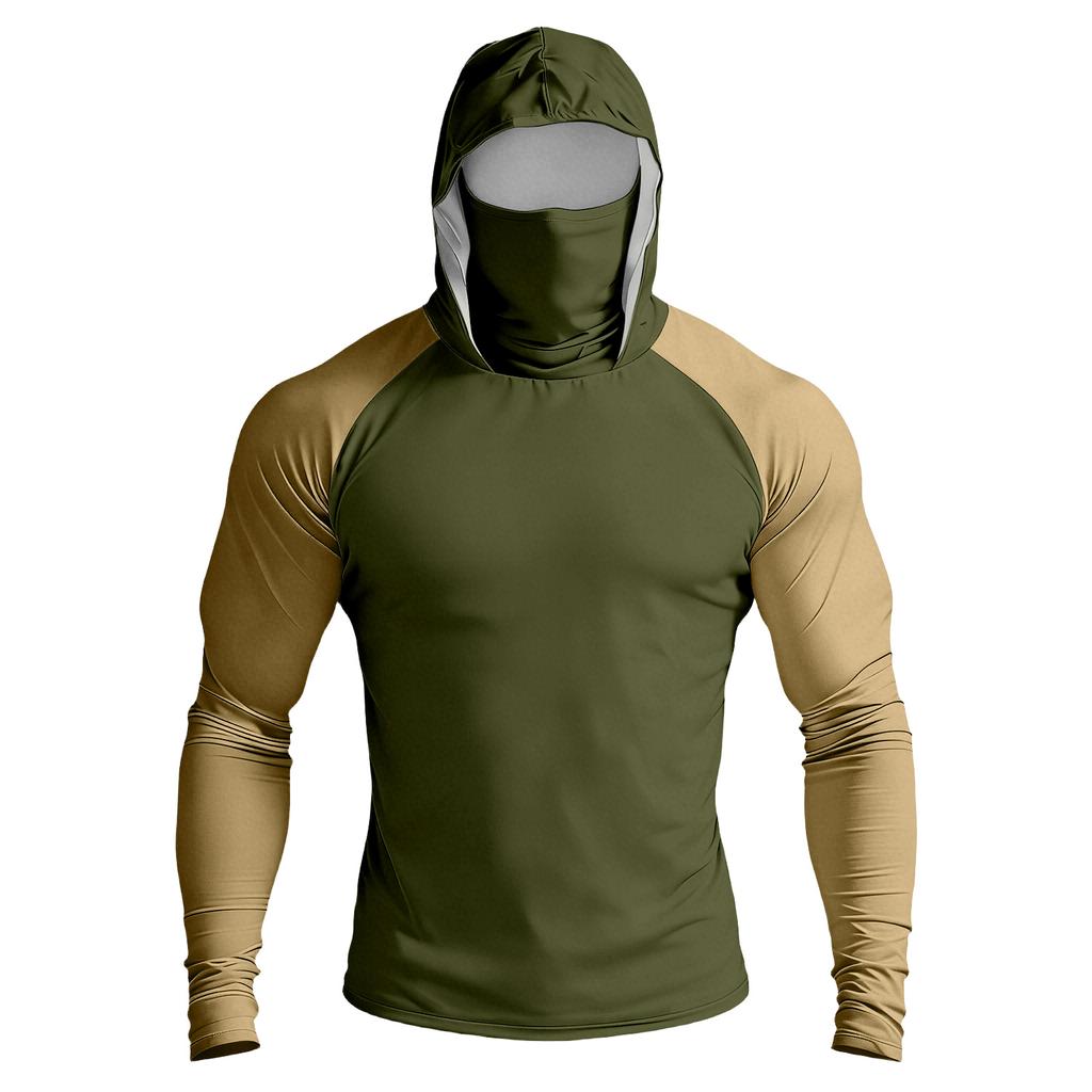 Maglia da Uomo a Maniche Lunghe con Cappuccio, Prestazioni Elevate, Mascherina Integrata e Maniche Raglan per Attività all'Aperto, Abbigliamento Sportivo