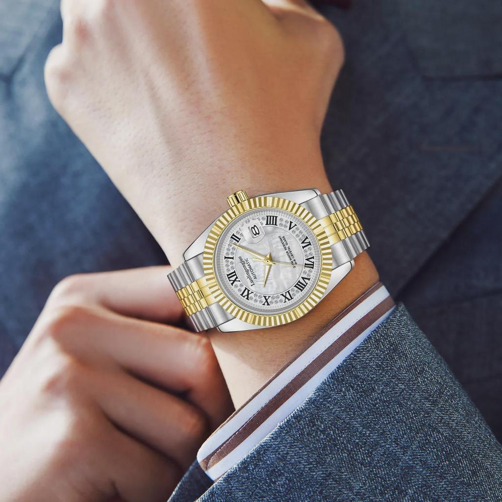 Herren Automatische Mechanische Uhr Weiß Perlmutt Zifferblatt Diamant Römische Ziffern Kalender Datum Edelstahl Armbanduhr