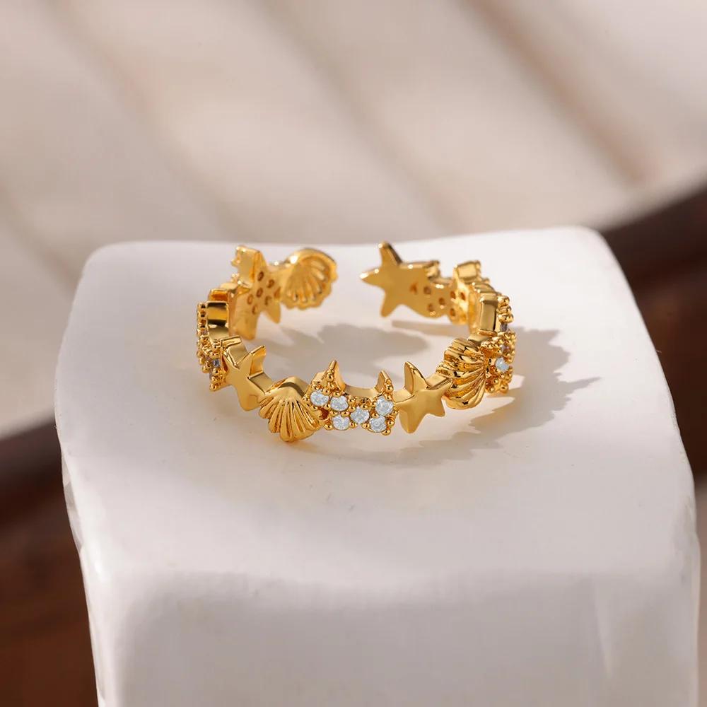 Dainty Zircon Shell Starfish Turtle Evil Eye Rings Stainless Steel Ring Women Anti Fading Golden Charm Zircon Accessories Gifts
