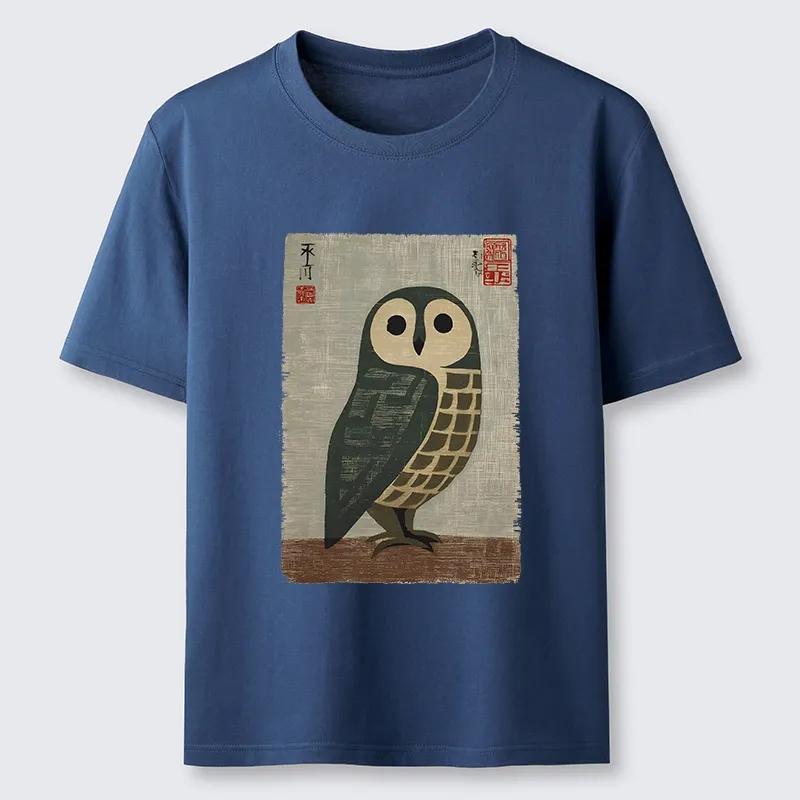 Traditional Owl In Japanese Art TShirt Unisexs and Womens Summer Cotton Clothing Harajuku Fashion Round Neck Short Sleeve Top