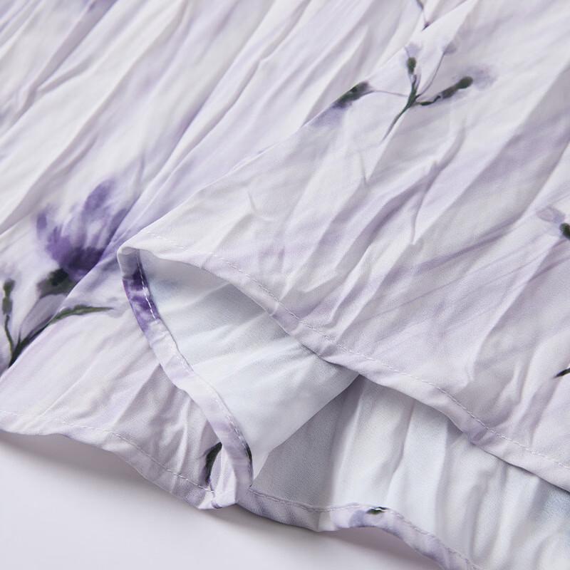 Purple Floral Pleated A-Line Midi Skirt
