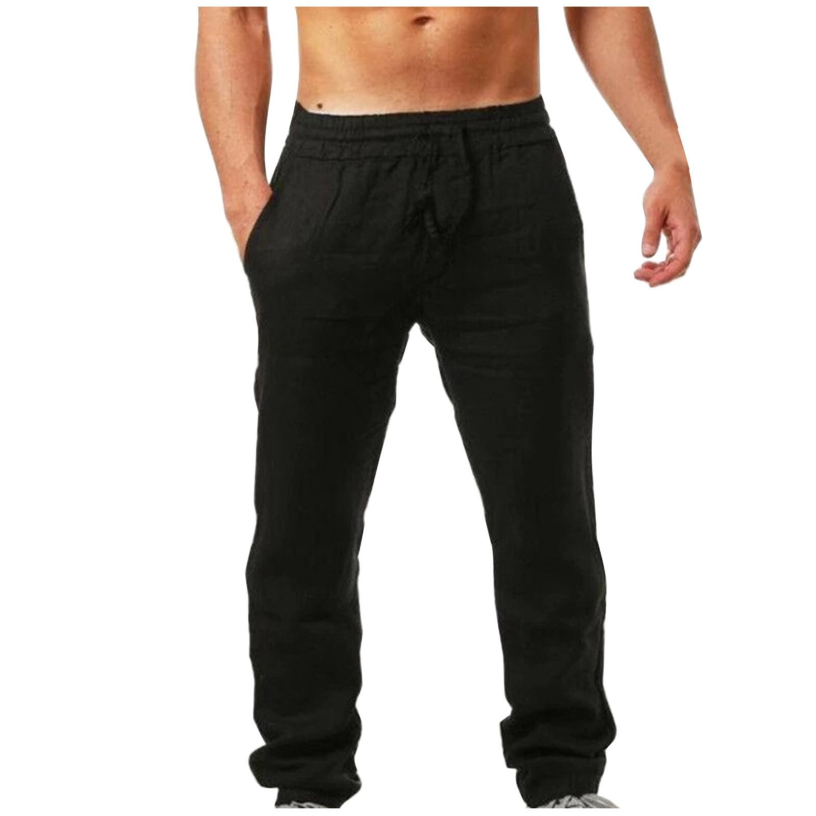 

(Куниде) Мужские свободные повседневные однотонные хлопковые льняные брюки с эластичной завязкой, прямые брюки M чёрный