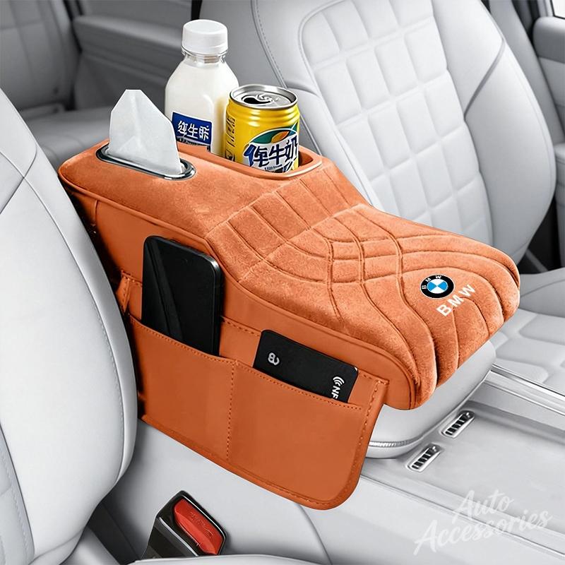 VYOJ1 Suede Car Armrest Pad For BMW M Power Performance E28 E30 E36 E39 With Cup Holder Tissue Box Multifunctional Storage Bag Keyring