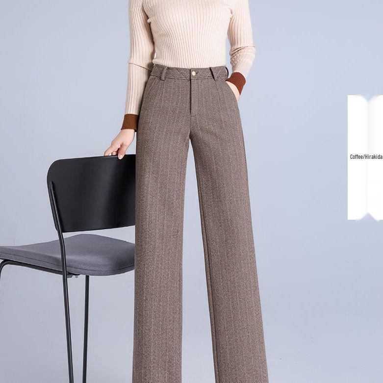 Women's High-Waisted Woolen Herringbone Wide-Leg Trousers, Plus Size, Thickened for Autumn/Winter 2025