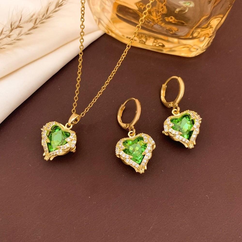 Multi-Color Ocean Heart Necklace Earrings Elegant Zircon Pendant  Wedding светло-зеленый