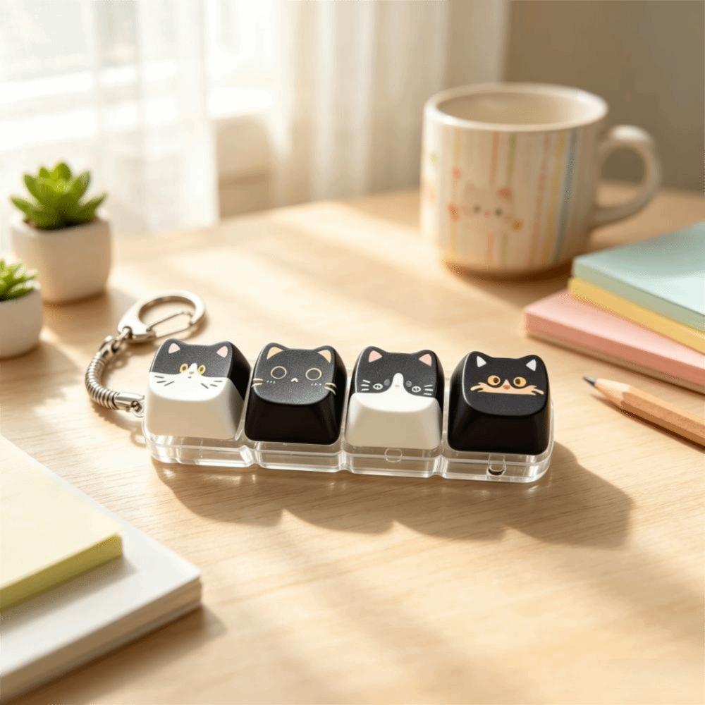 4-Key Cat Fidget Clicker Keychain Finger Keyboard Pendant Gifts for Kitten Fans