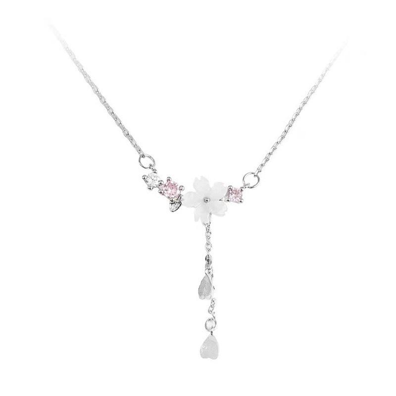 Romantic Cherry Blossom Heart Tassel Necklace with Shell Petals - Sweet Forest Style