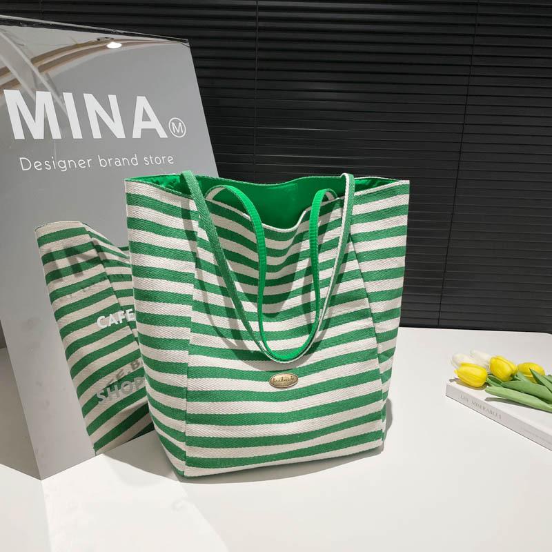 

Fashion Striped Double Sided Canvas Bag Lazy Wind Tote Student Red Large Capacity Casual Shoulder Bag Women зелений
