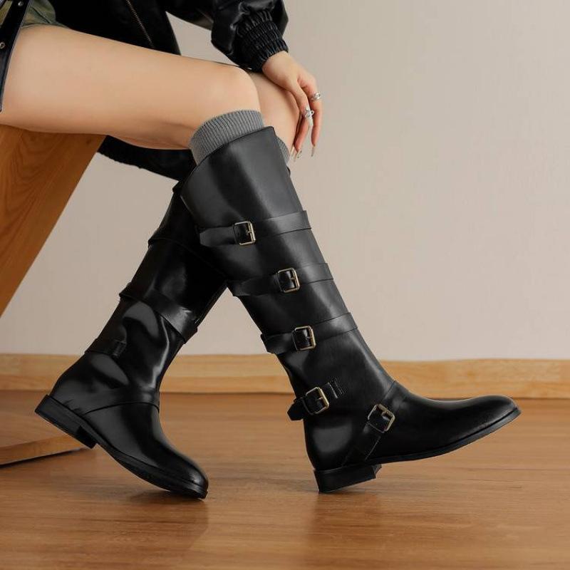 New Women's Martin Boots Stacked Leather Versatile Large Size Women's Boots Sleeve Round Head Cowhide Comfortable Soft-soled High Boots