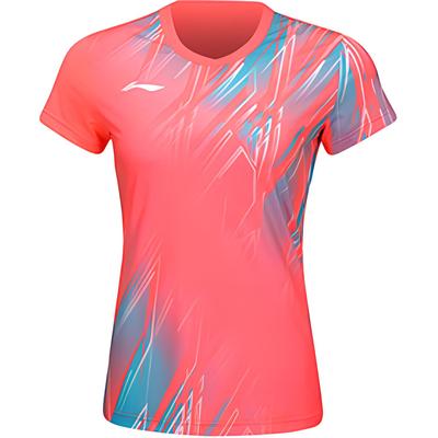 Li Ning Badminton Serie Allover-Print V-Ausschnitt Bequem Atmungsaktiv Vielseitig Kurzarm Badmintonshirt Damen Tops Fluoreszierend-Kamelienrot AAYU150-3