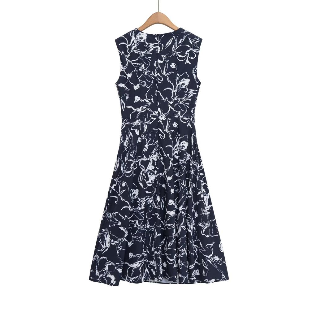 Summer new French fashion temperament round neck sleeveless waist thin printed dress