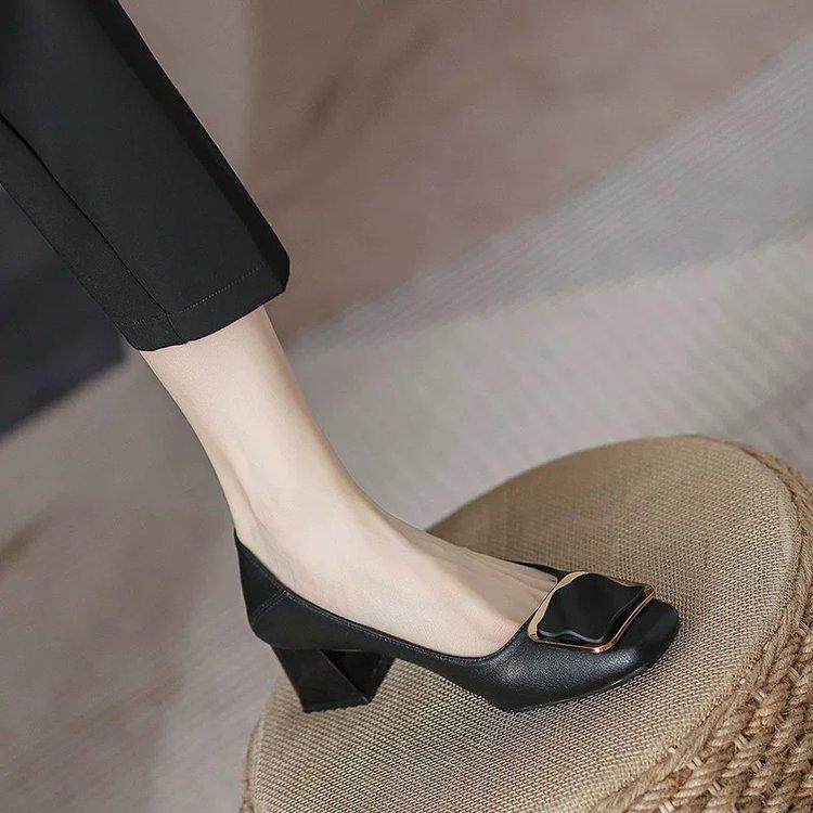 French Light Mouth Single Shoes Women's Thick Heel New Soft Leather Long Standing Is Not Tired Feet Comfortable Square Buckle Evening Breeze Gentle Sh
