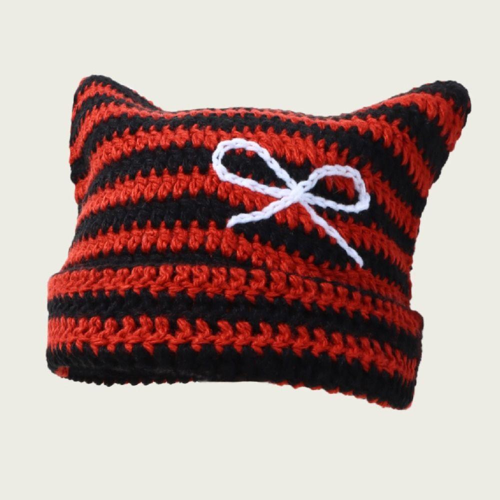 

Y2K Cute Cat Ears Beanie Hats Harajuku Litter Demon Cap Soft Stripe Knitted Hat Winter Autumn