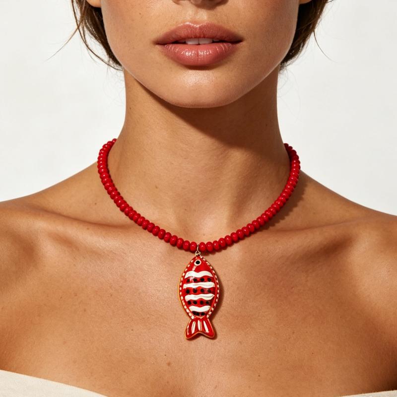 Fish Pendant Necklace Bohemian Handmade Beaded Beach Vacation Jewelry for Women Daily Casual Outfit Matching