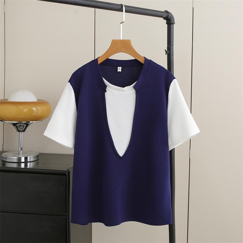 2026 Women's Plus Size Color Block College Style Short Sleeve Pullover T-shirt