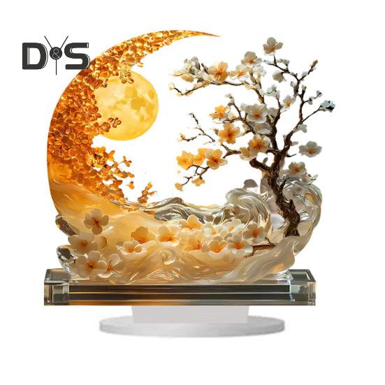 Moon Acrylic Ornament 2D Moon And Plum Tree Decoration Crescent Moon Centerpiece with Base for Home Mantel Dinning Table Desk Decor
